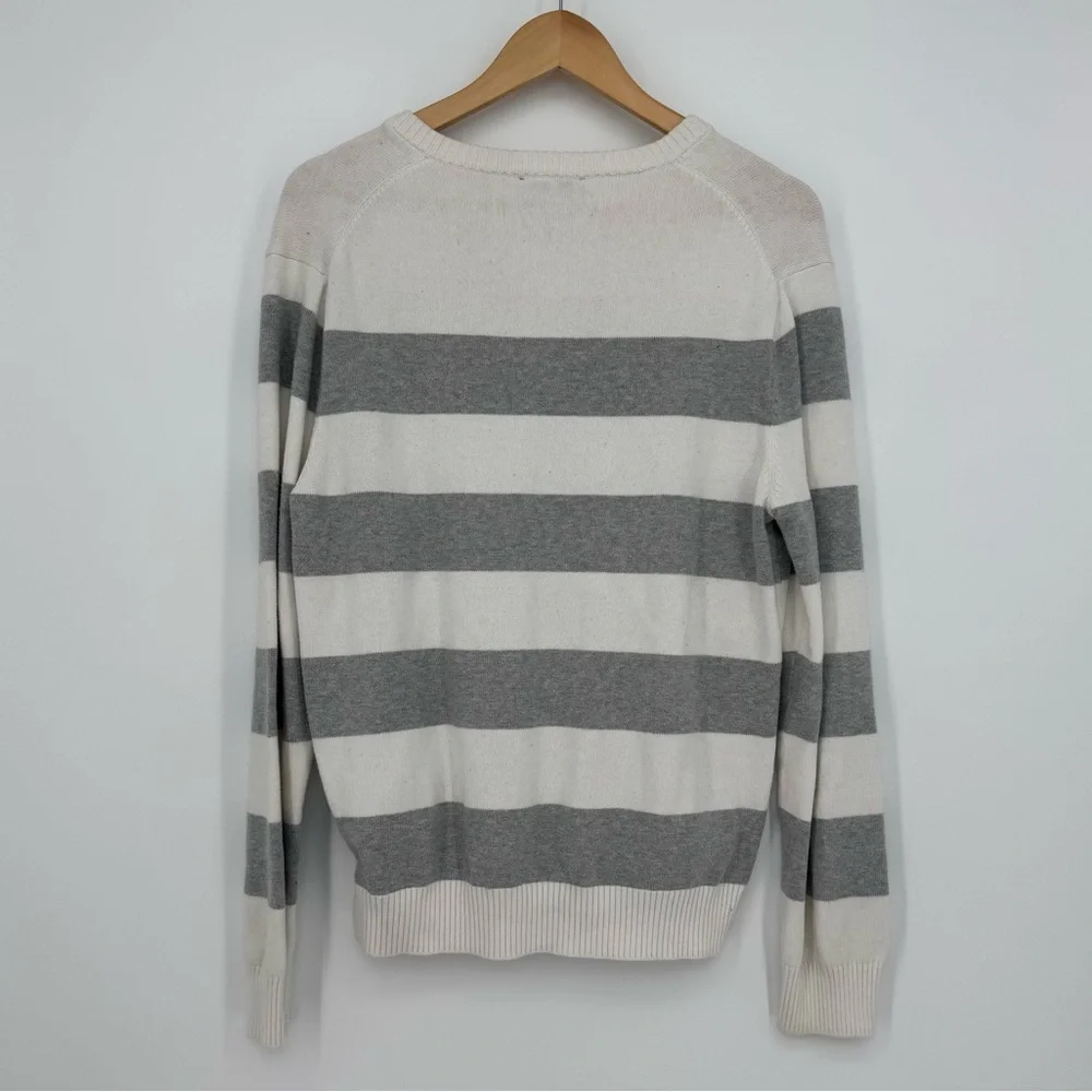 Men’s Express V-Neck Striped Sweater White & Gray Size Medium Preppy Office